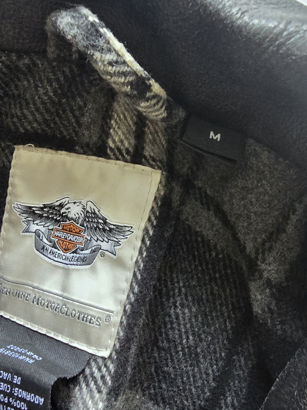 Harley-Davidson Black & Gray Plaid Pea Coat with Leather Collar - Picture 3 of 10